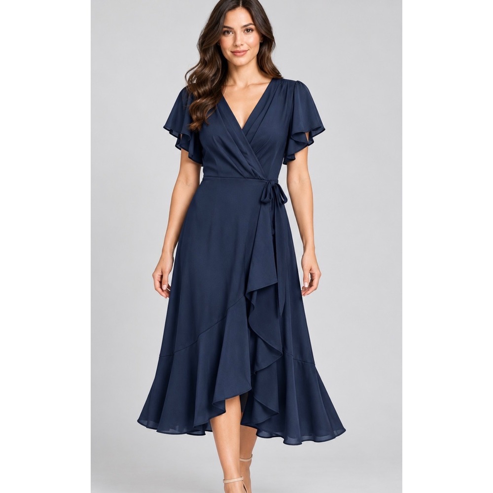 DKNY Navy Blue Faux Wrap Midi Dress Flutter Sleeve Ruffle Hem V-Neck Size 10